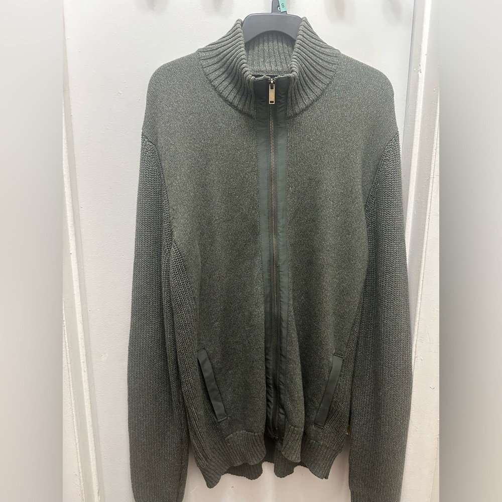 Daniel Hechter Zip Front Cotton Knit Cardigan Pine Green Mock Neck Size xl